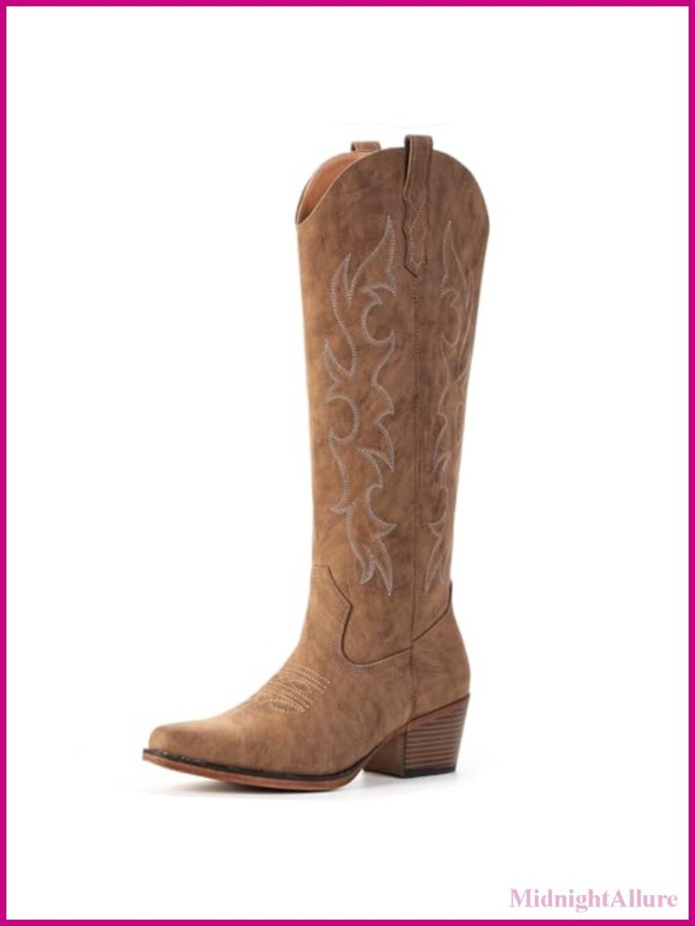 Knee High Cowboy Boots Embroidered Block Heel Pull-On Wide Calf Faux Leather